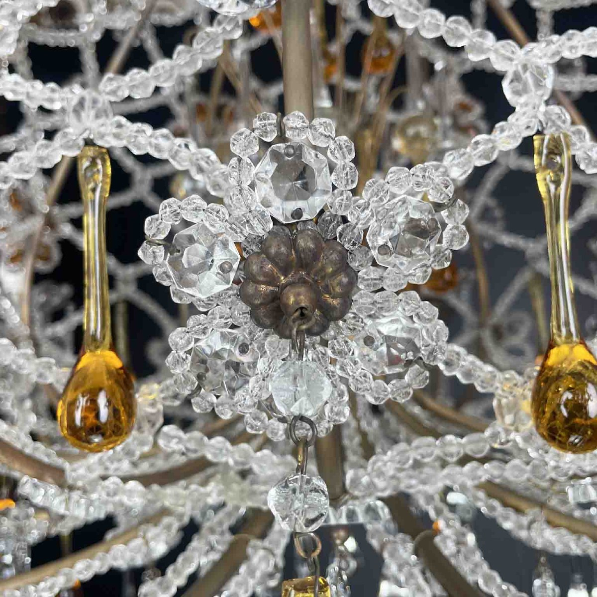 Antique Crystal Chandelier With Amber Drops, 10 Lights, 1950-photo-3