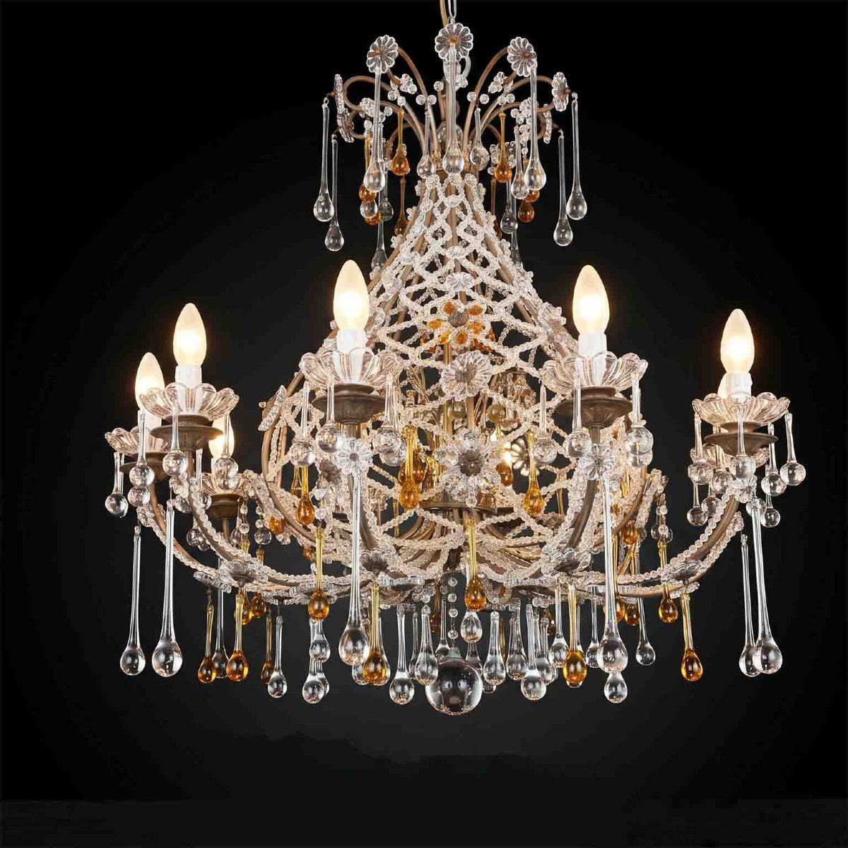 Antique Crystal Chandelier With Amber Drops, 10 Lights, 1950-photo-1