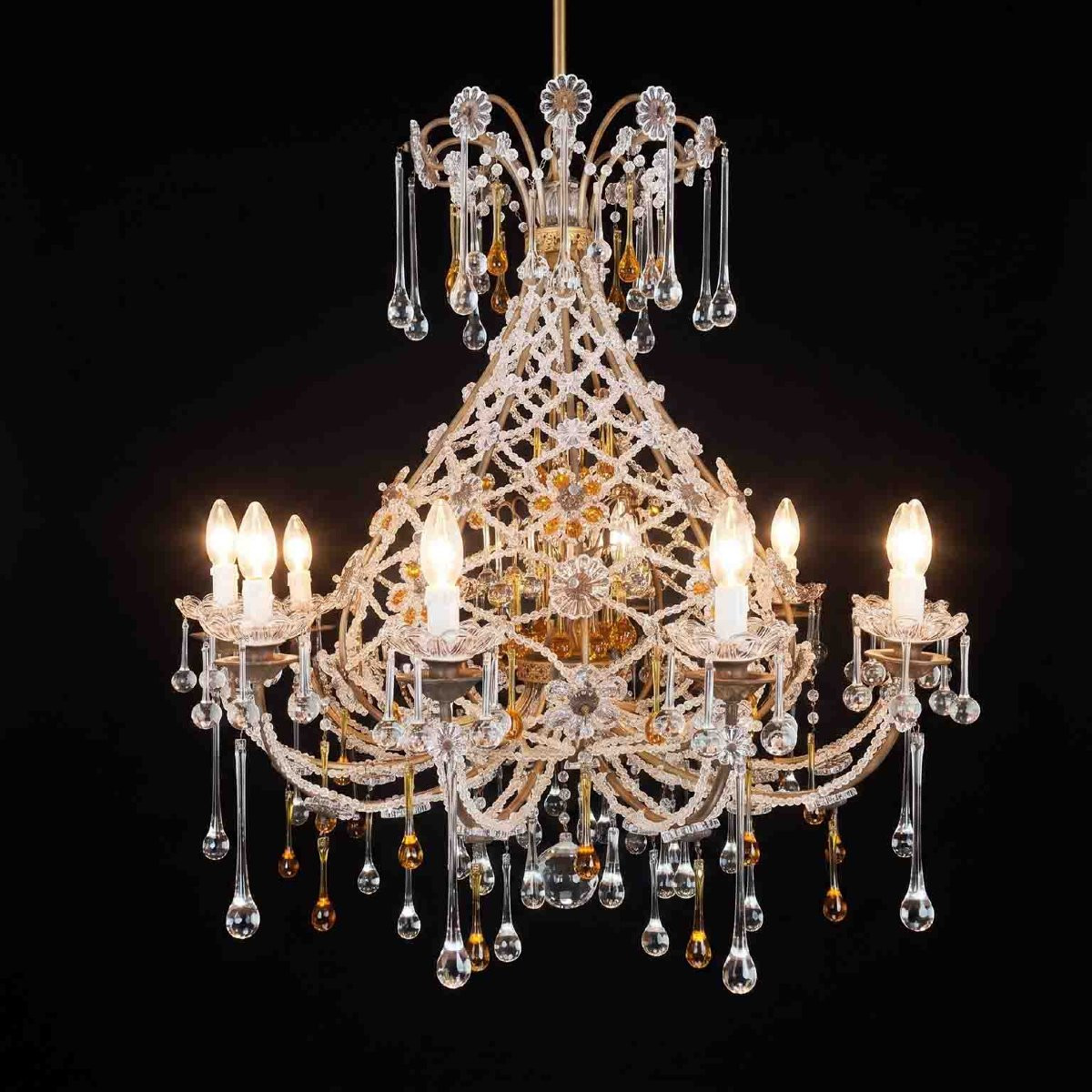 Antique Crystal Chandelier With Amber Drops, 10 Lights, 1950-photo-2