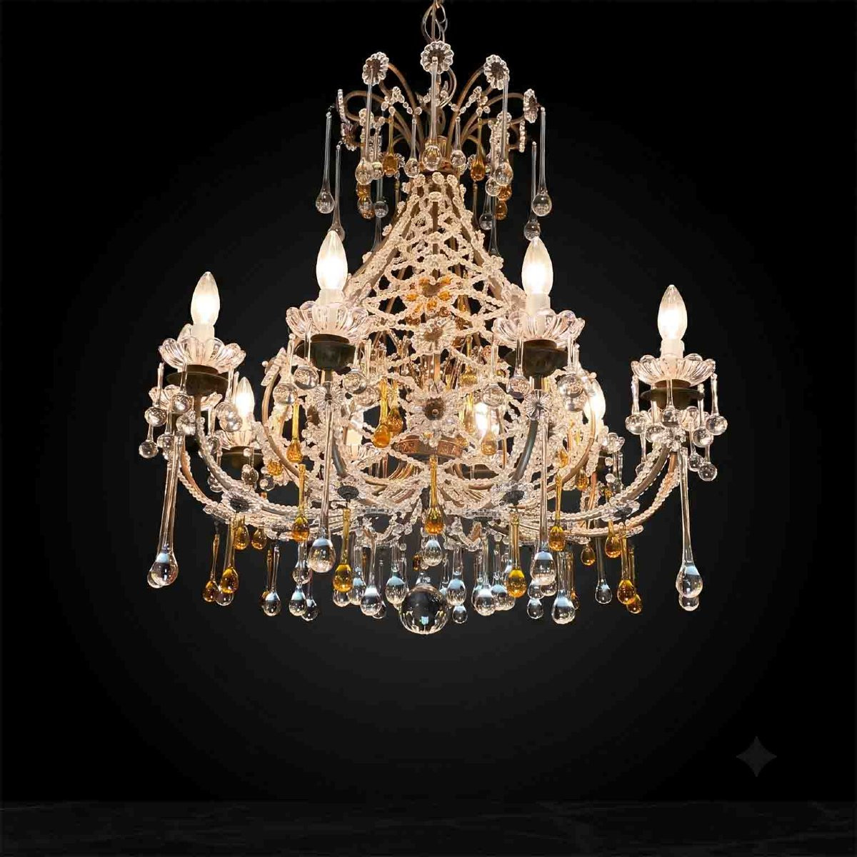 Antique Crystal Chandelier With Amber Drops, 10 Lights, 1950-photo-3