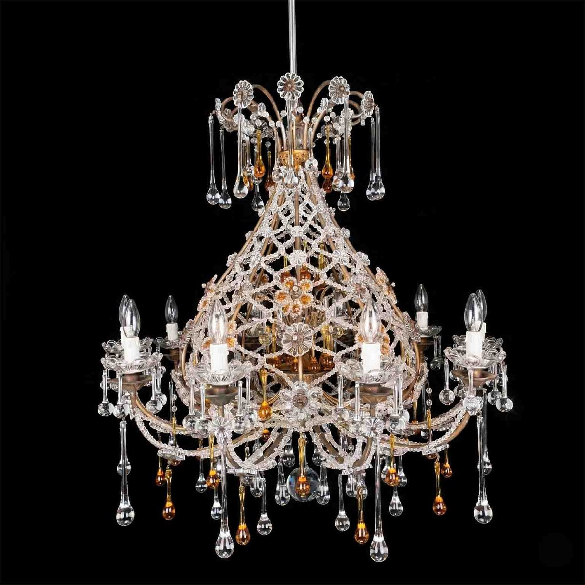 Antique Crystal Chandelier With Amber Drops, 10 Lights, 1950-photo-4