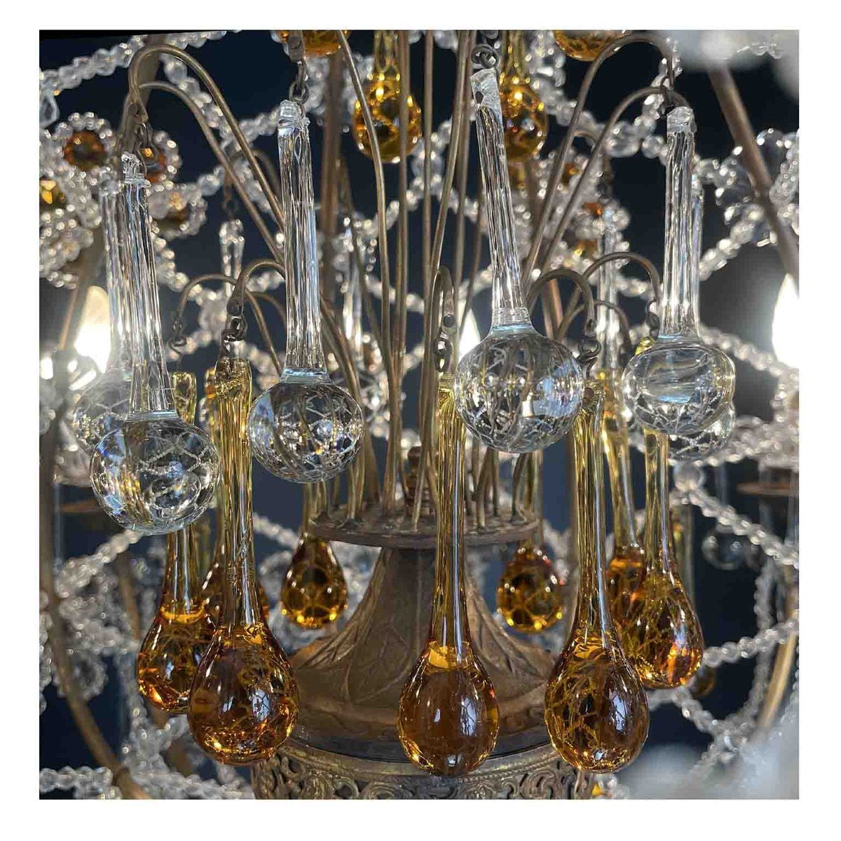 Antique Crystal Chandelier With Amber Drops, 10 Lights, 1950-photo-5