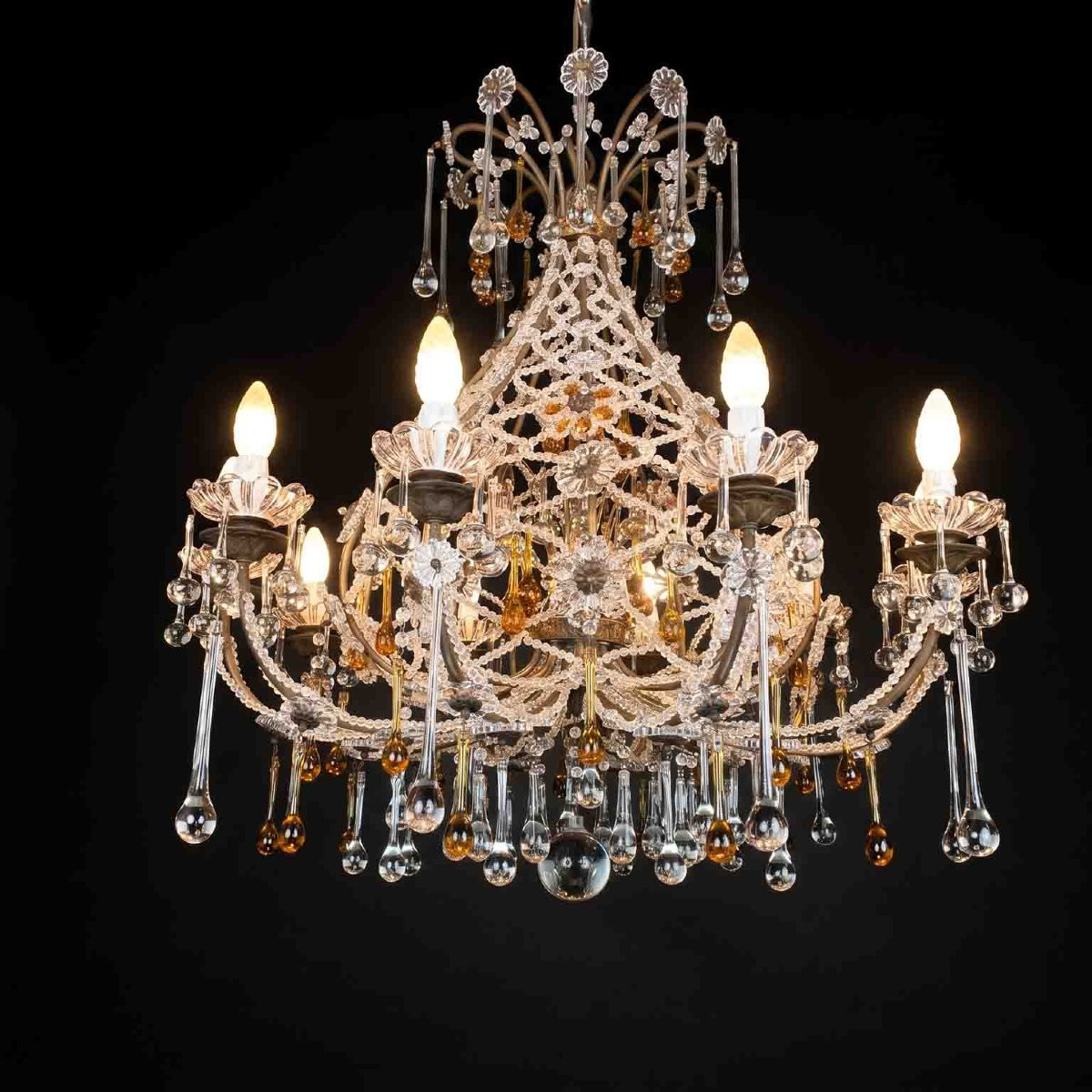 Antique Crystal Chandelier With Amber Drops, 10 Lights, 1950-photo-6