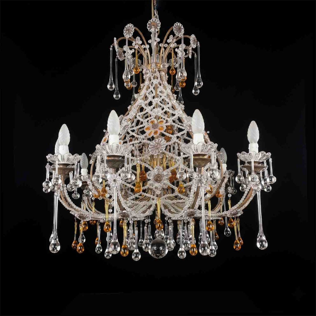 Antique Crystal Chandelier With Amber Drops, 10 Lights, 1950-photo-8