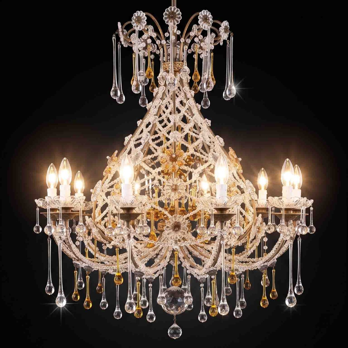 Antique Crystal Chandelier With Amber Drops, 10 Lights, 1950