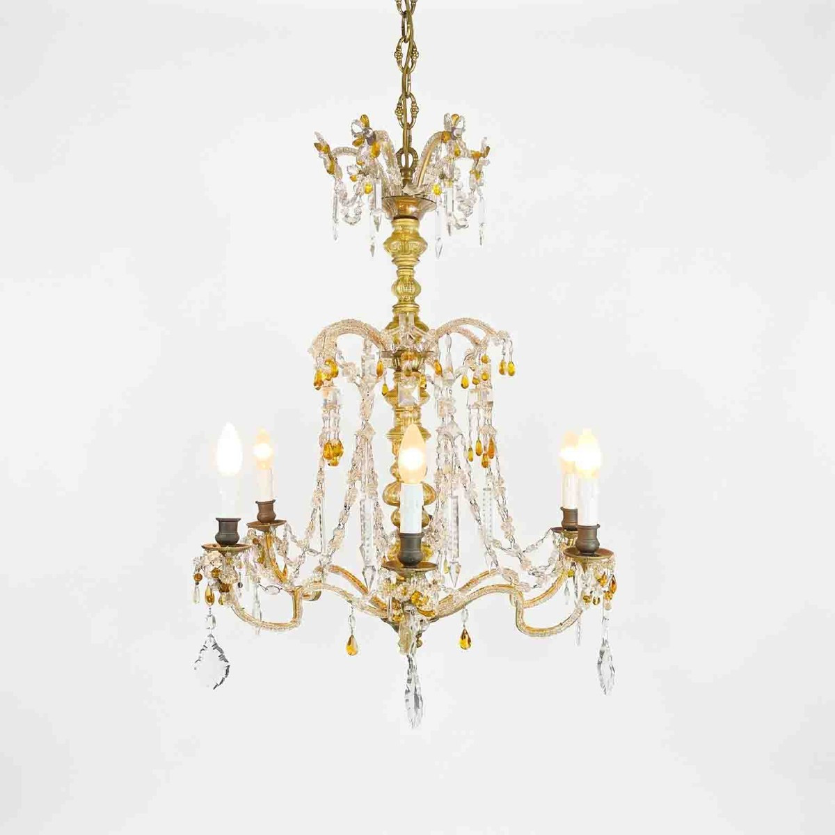 Lustre en cristal transparent des années 30, avec des détails jaune pâle et ambre-photo-2