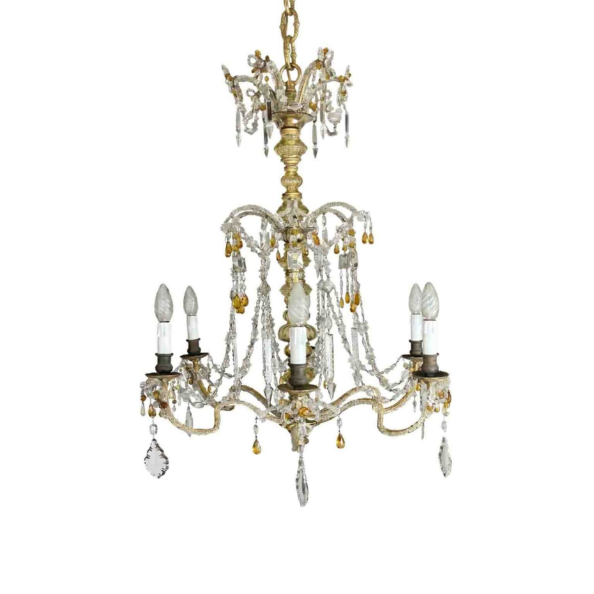 Lustre en cristal transparent des années 30, avec des détails jaune pâle et ambre-photo-3