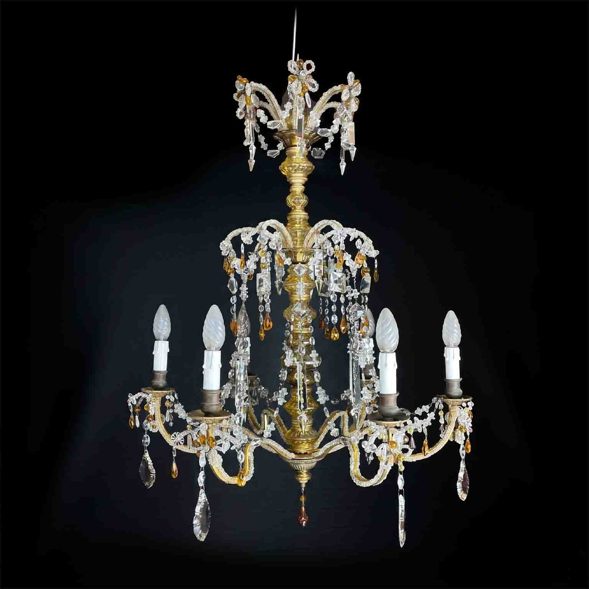 Lustre en cristal transparent des années 30, avec des détails jaune pâle et ambre-photo-4