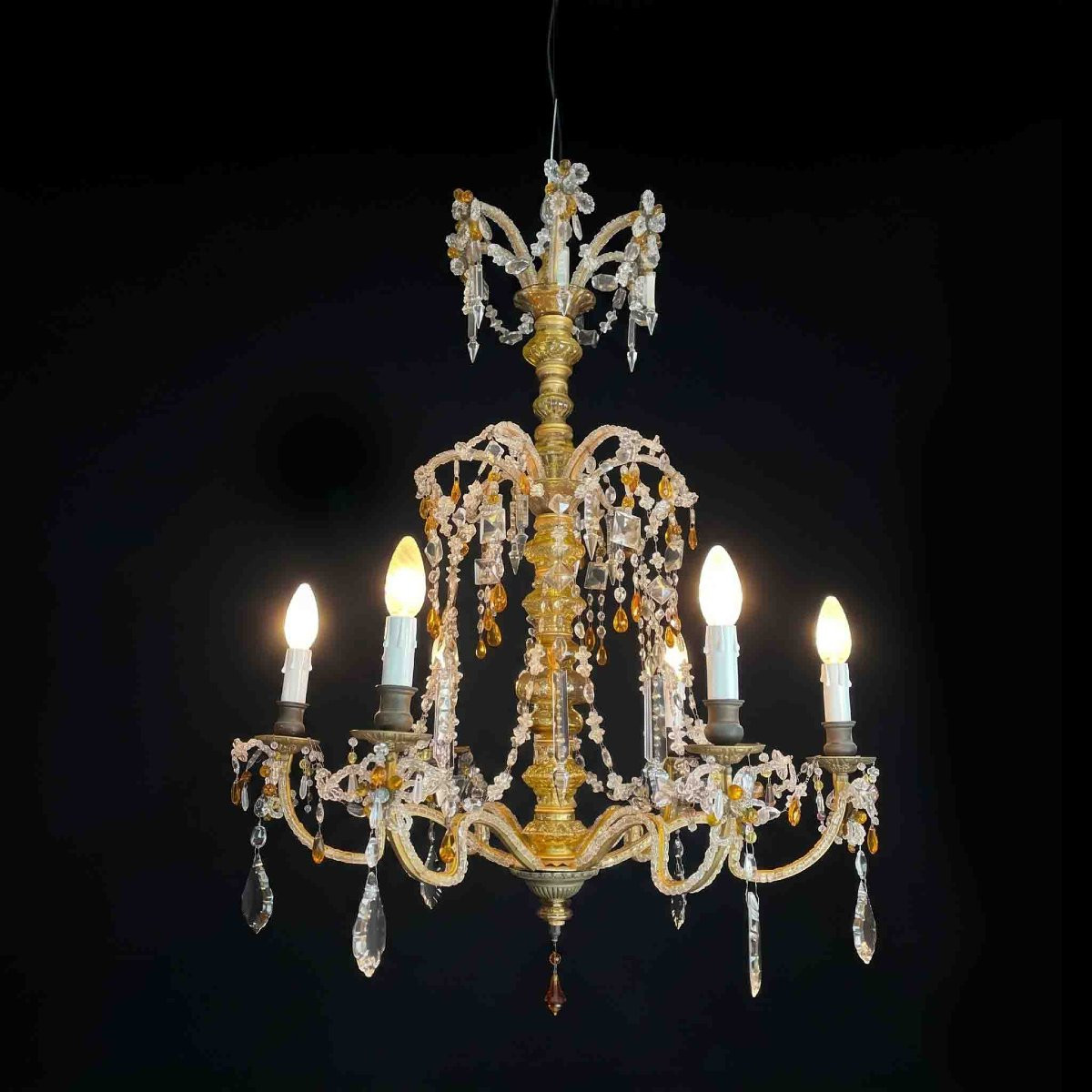 Lustre en cristal transparent des années 30, avec des détails jaune pâle et ambre-photo-3