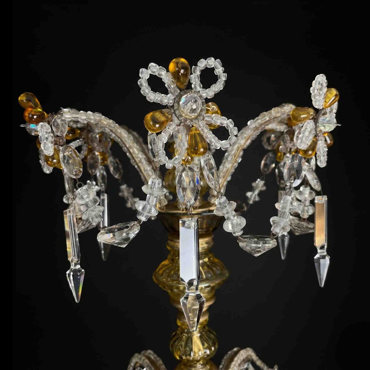 Lustre en cristal transparent des années 30, avec des détails jaune pâle et ambre-photo-5