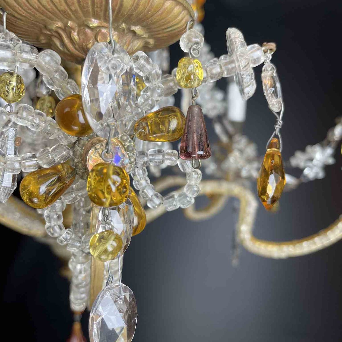 Lustre en cristal transparent des années 30, avec des détails jaune pâle et ambre-photo-6