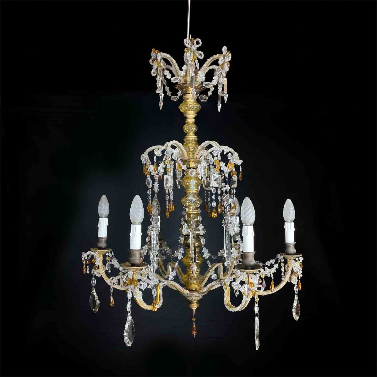 Lustre en cristal transparent des années 30, avec des détails jaune pâle et ambre-photo-7