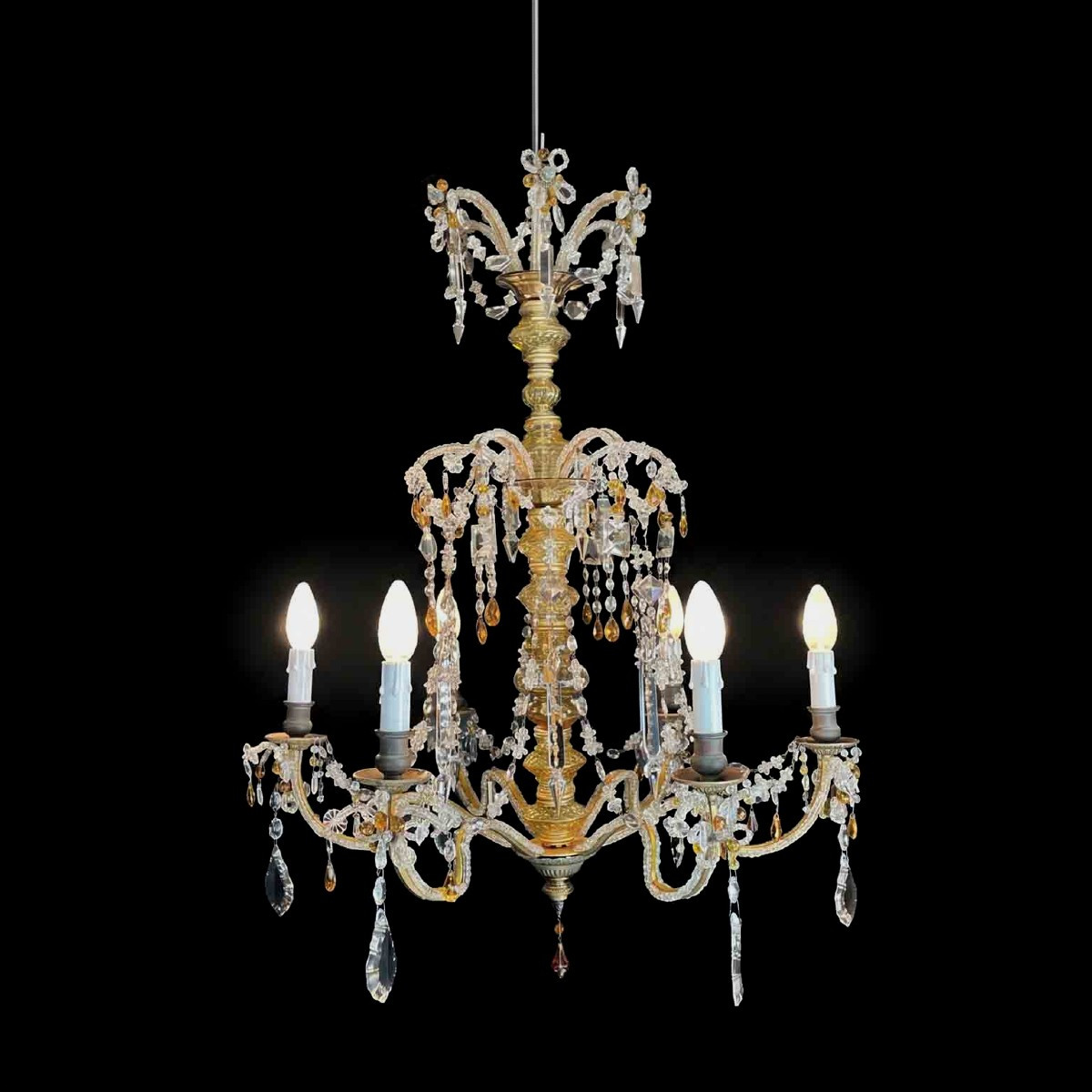 Lustre en cristal transparent des années 30, avec des détails jaune pâle et ambre