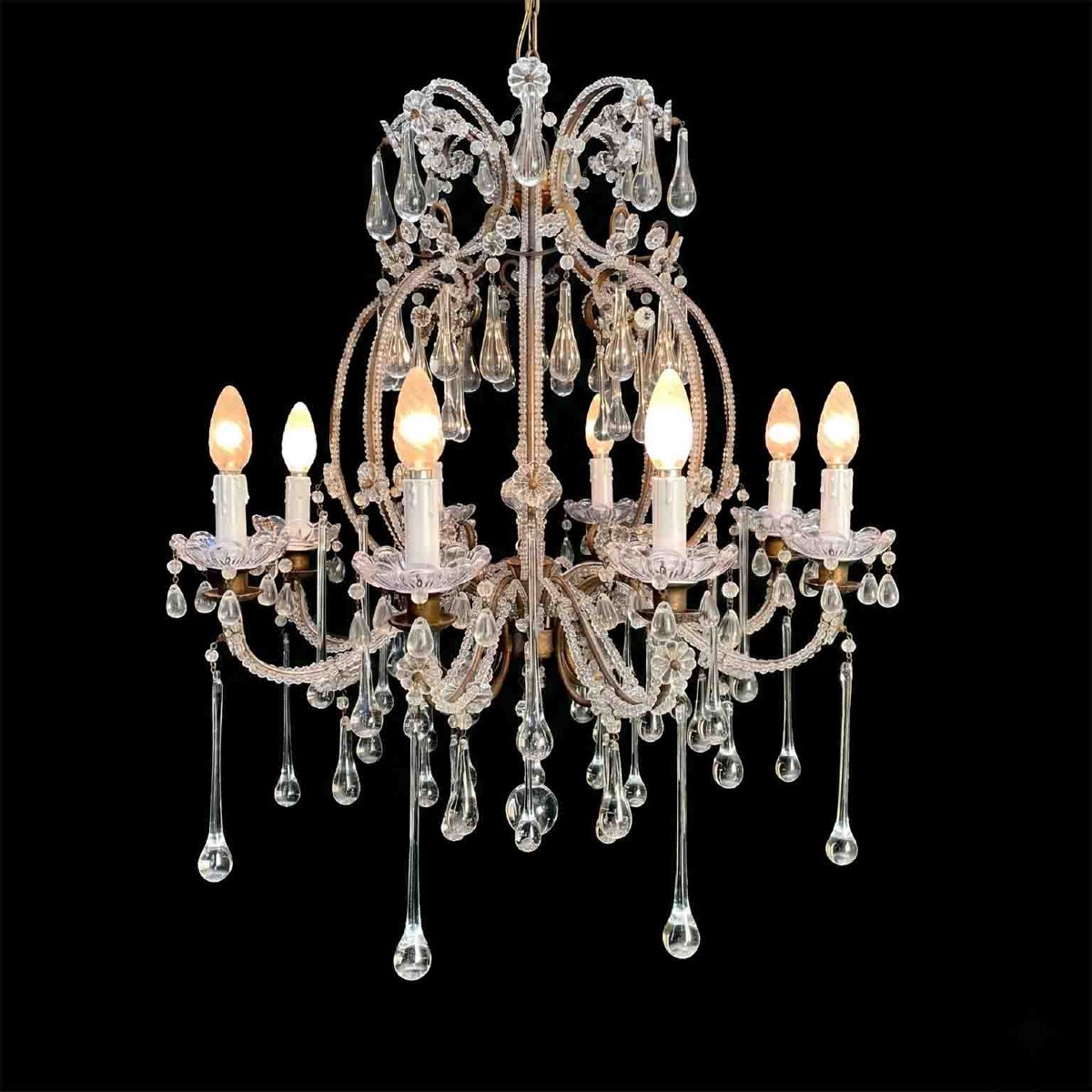 Antique Perlinato Cage Chandelier With Crystals, 8 Lights-photo-2
