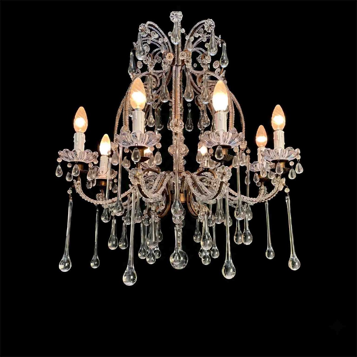 Antique Perlinato Cage Chandelier With Crystals, 8 Lights-photo-3