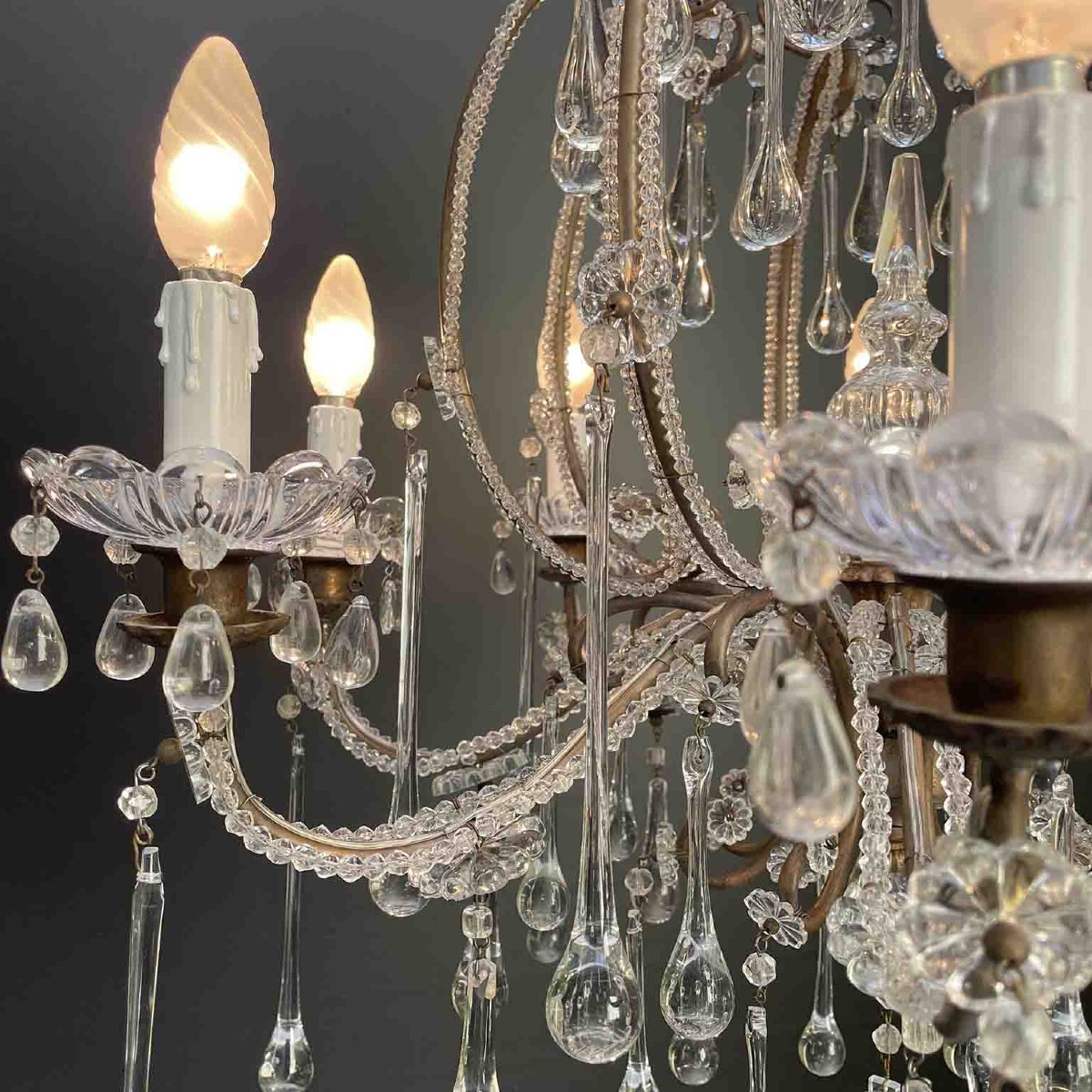 Antique Perlinato Cage Chandelier With Crystals, 8 Lights-photo-4