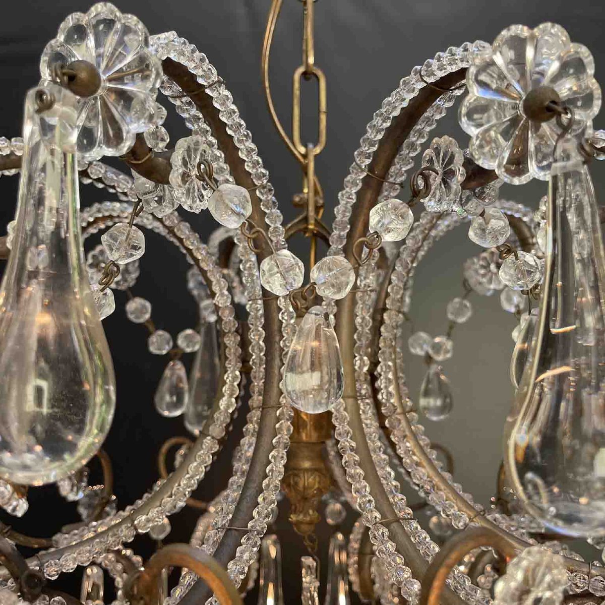 Antique Perlinato Cage Chandelier With Crystals, 8 Lights-photo-1