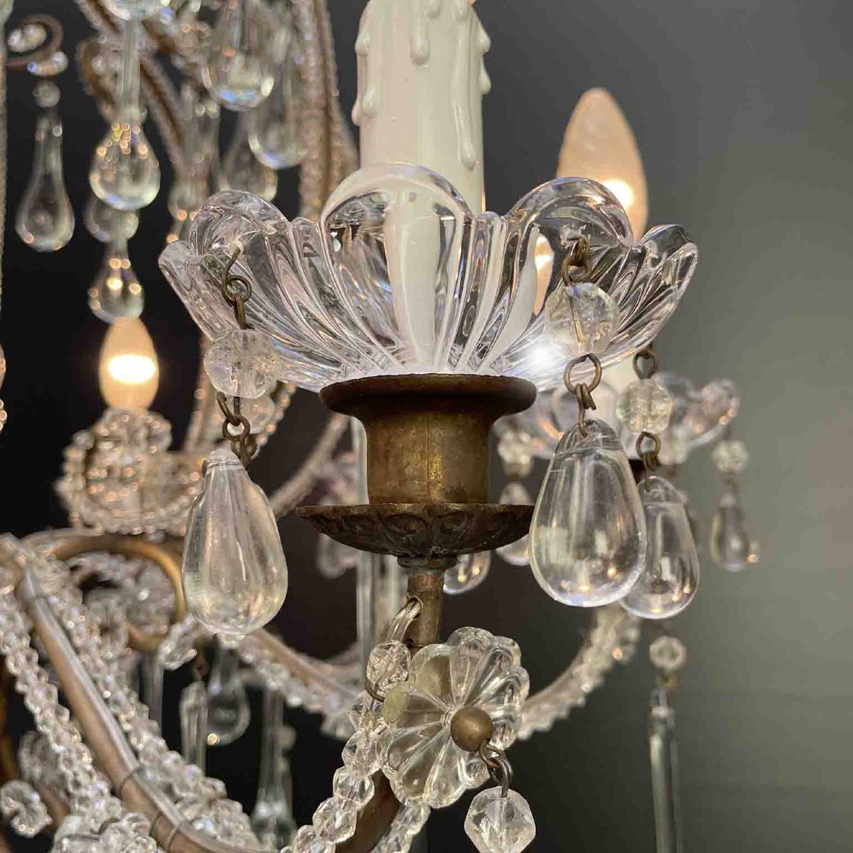 Antique Perlinato Cage Chandelier With Crystals, 8 Lights-photo-2