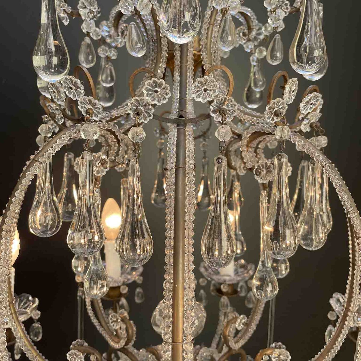 Antique Perlinato Cage Chandelier With Crystals, 8 Lights-photo-4