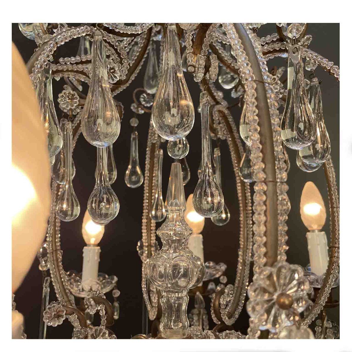 Antique Perlinato Cage Chandelier With Crystals, 8 Lights-photo-5