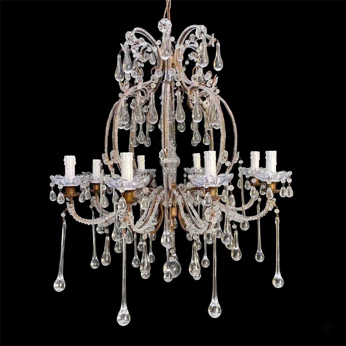 Antique Perlinato Cage Chandelier With Crystals, 8 Lights