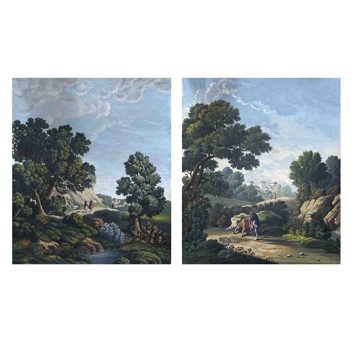 Paire de paysages peints à l'aquarelle 19ème