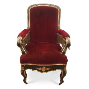 19th Century Italian Sicilian Armchair And Footrest Lacquer Gilding Red Velvet