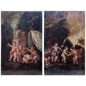 19th Century Pair Of Italian Landscape With Putti Pair Of Cherub Paintings Oil On Wood