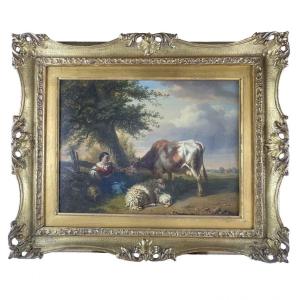 Tschaggeny 1849 Flemish Pastoral Landscape With Shepherdess Cow And Sheep