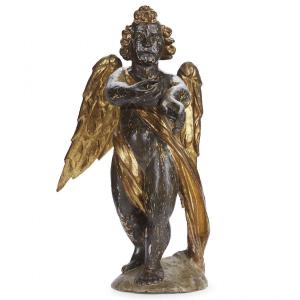 Italian Baroque Winged Putto Sculpture 17th Century Lombard School Carved Giltwood And Silvered