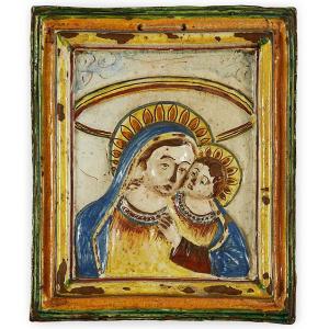 Virgin With Child 17th Century Italian Polychrome Devotional Wall Plaque