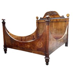 19th Century Italian Carved Walnut And Burl Queen Bed With Inlays