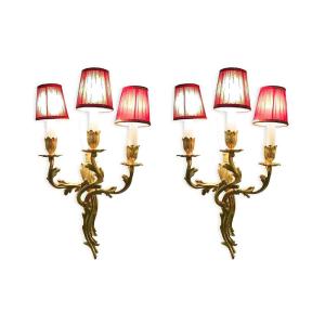 Pair Of French Louis XV Style Gilt Bronze Three-light Antique Wall Sconces