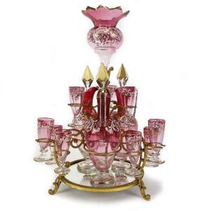 19th Century Italian Liquor Set Parcel Gilt And Rose Enameled Glass