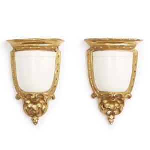 Pair Of Neoclassical Giltwood Wall Brackets Sconces With Maiolica Giustiniani 19th