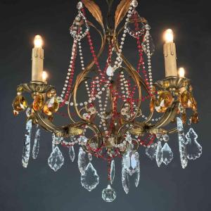 Gilt Iron Chandelier With Red Crystals