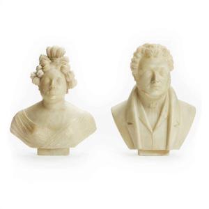 Pair Of Figural Busts 1834 Livorno Alabaster Sculptures Signed Giuseppe Benassai 