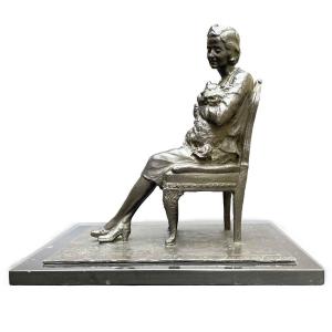 Bronze Italian Sculpture Of Lady With Dog 1942 By Leonardo Secchi 
