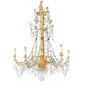 18th Century Italian Chandelier Genoese Empire Giltwood Crystal Six-light Pendant 
