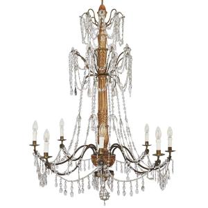 Louis XVI Genoese Chandelier In Gilded Wood And Crystals End 1700 Eight Lights 
