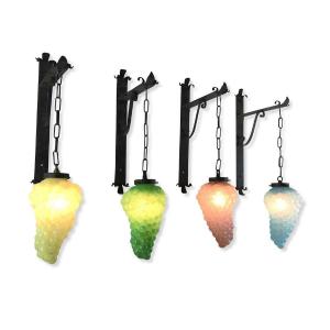 Set Of Four Italian Colored Glass Grape Sconces With Wrought Iron Brackets 1960s