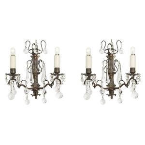 Pair Of Early 1900s Brass And Crystal Sconces 