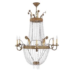 19th Century Italian Empire Beaded Crystal Chandelier Six Light Brass And Iron Structure