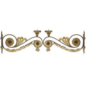  Paire De Grandes Appliques Dorées à Fleurs Et Volutes 18ème Bras Pour Lampes Votives