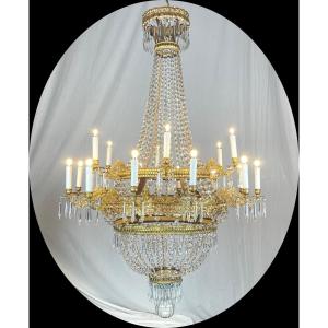 Grand Lustre Empire Italien 18ème à 18 Lumières en Cristal et Laiton Doré