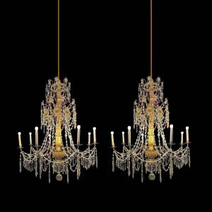 Pair Of Antique 1780 Genoese Empire Chandeliers In Crystal And Gilded Wood