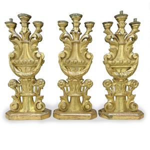 Three Antique And Gilded Three-flame Candlesticks Of The Late 1700s