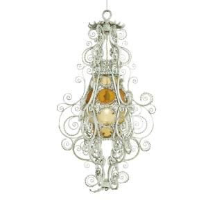 Italian Wrought Iron Lantern Light Green Finish Amber Glasses Early 1900s