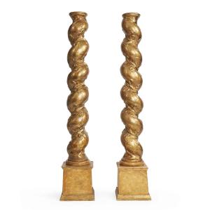 Paire De Colonnes Torses Italiennes Bois Sculpté Et Doré  Fin 17ème