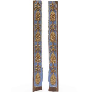 Paire De Frises  Bois Sculpté Laqué Bleu Clair Et Or Italie Fin 18ème